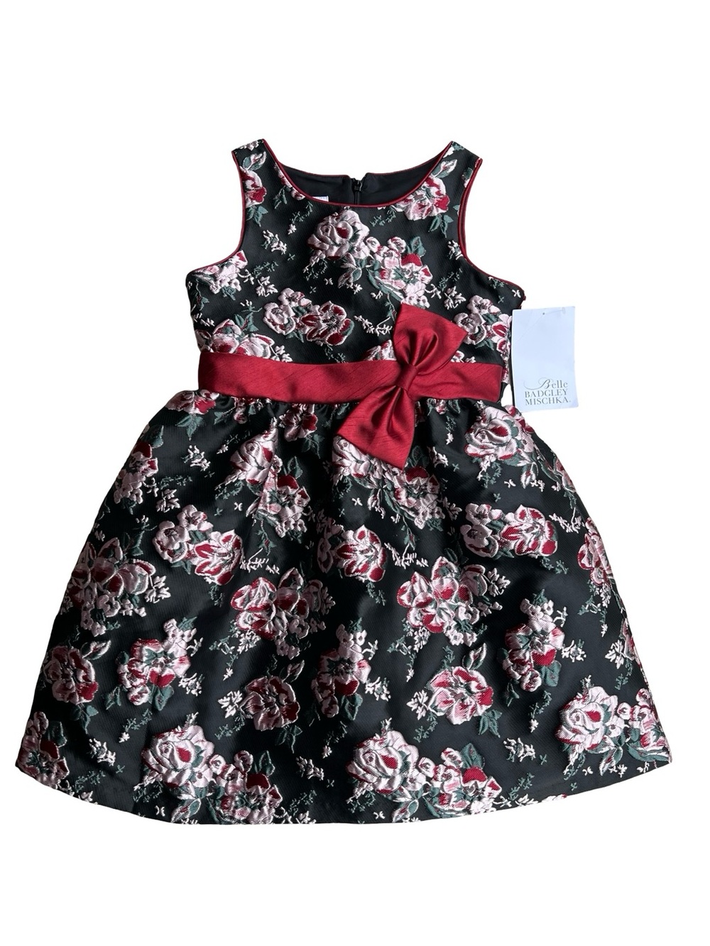 NWT BELLE BADGLEY MISCHKA Girls 7‎ Formal Floral Jacquard Bow Waist Party Dress
